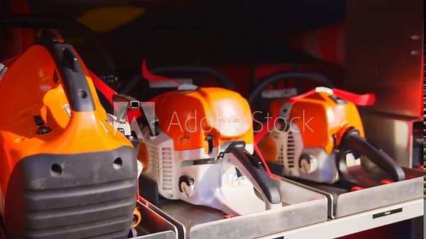 The side view of equipment inside of a fire engine. Fire truck with open hatches showing rescue equipment. High quality 4k footage