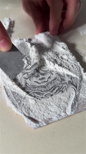 Powdering your block is the process of applying French chalk to your woodcut carving to dry it out and preserve its details. The French chalk seeps into all of the hard to reach details which can begin to fill with ink over time. The ink remains wet for a long time and can break down the wood. The chalk helps to dry out the woodblock to keep it intact. Also, using this method gives a quick preview of how your woodcut will look without having to ink and print it. The white powder contrasts with t