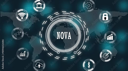 NOVA Navigation System Technology on Dark Background with Glowing Neon Lights Representing Business Finance and Cyber Security Concepts, Advanced Digital Control Interface, AI Powered Navigation Data,