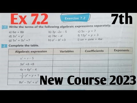 Exercise 7.2 unit 7 Algebraic Expressions class 7th Math| Ex 7.2 New course 2023 kpk and PTB