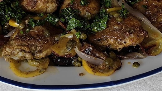 Za'atar spiced chicken, with white sweet potatoes, dates, capers, and white wine