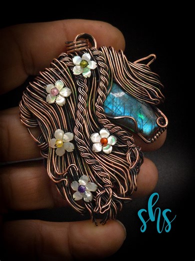 Labradorite Horse Pendant, Year of the Horse, Statement Piece, Mother of Pearl Flowers, Garden Horse Gift for Her - Etsy