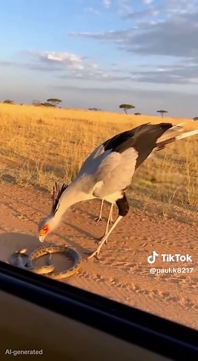 Secretary Bird Teaches Infant to Hunt Cobra