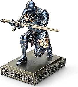 Medieval Armored Warrior Knight Pen Holder Desk Organizers and Accessories Resin Pencil Holder Paperweight as Gift with a Cool Letter Opener for Desk (Blue)