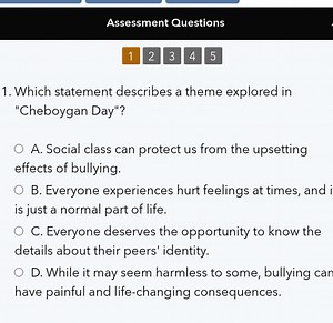 Which statement describes a theme explored in "Cheboygan Day"?... | Filo