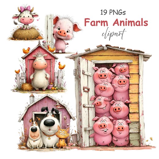 Farm Animals Clipart: Pig Cow Horse Kids Graphics (digital Download - 19 Pngs) - Etsy