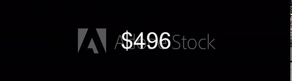 Animated money counter, from 0 to 500 on a transparent background with alpha channel