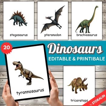 20 Dinosaurs Montessori Flashcards | Editable Prehistoric Cards for Kids