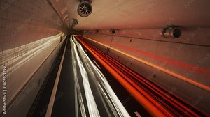 Time Stop Showing Colorful Light Trails Left By Multiple Fast Cars In The Underground Tunnel Covered With White Glossy Tiles Night Slow Shutter Speed Illustration Time Freeze And Camera Pitch