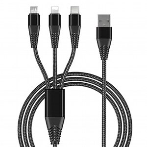 Multi Charging Cable, 1.2M/3.96ft Charger Cable Nylon Braided Multiple USB Universal 3 in 1 Cord Adapter with Type-C, Micro Port Connectors for Cell Phones and More Black (S21)