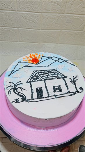 Easy Scenery Cake Drawing! 🌄#shorts #homemade #easycake #simplecake #pinkhouse