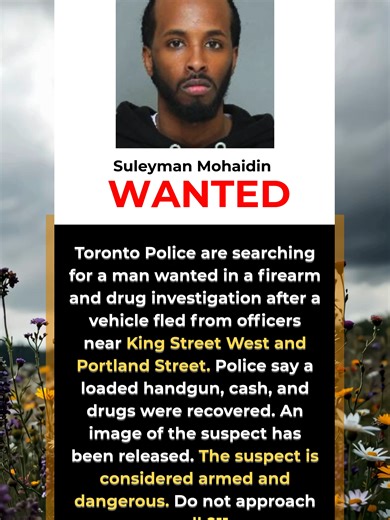 Toronto Police are searching for a man wanted in a firearm and drug investigation after a vehicle fled from officers near King Street West and Portland Street. Police say a loaded handgun, cash, and drugs were recovered. An image of the suspect has been released. The suspect is considered armed and dangerous. Do not approach—call 911.#breakingnews #torontonews #canadanews #crimewatch #publicsafety #policealert #firearminvestigation #druginvestigation #wanted #crimeupdate #ontarionews #gtanews #c