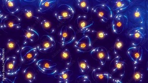 Animation of atoms and their electron clouds arranged in crystal structure. Atomic structure and quantum mechanics concept.