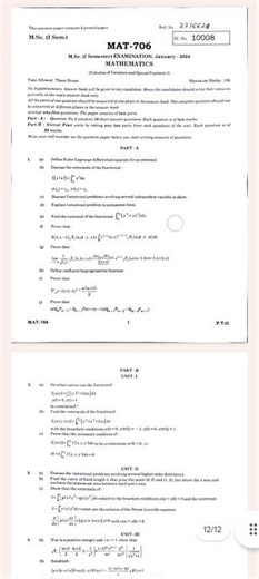Rajasthan University M.Sc. maths 1st semester 2023 calculus of variations & special function paper