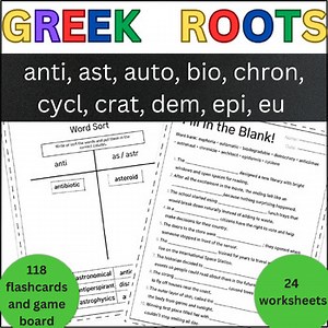 Greek Affixes and Roots Worksheets & Game Decoding, Vocabulary, & Comprehension