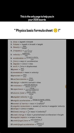 Physics Basic formula sheet #physics #physicswallah #physicsfun #science