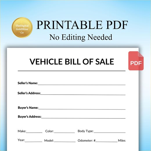 Vehicle Bill of Sale PDF, Printable Bill of Sale Form, Car Auto Truck RV Bill of Sale, A4 & Letter Size, Instant Download - Etsy