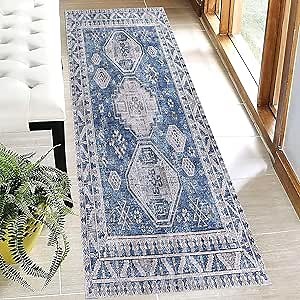 Hallways Runner Rug 2x7 Ft Washable Hall Carpet Runner Non Slip Kitchen Runner Rugs Boho Bedside Rugs Entryway Runner Rug Rug for Bedroom Kitchen Hallway Laundry Room, Square Blue
