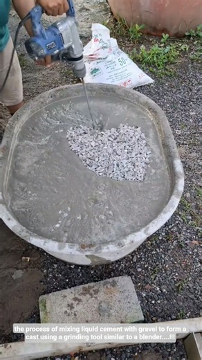 the process of mixing liquid cement with gravel to form a cast using a grinding.....