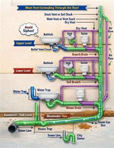 🏠 Residential Plumbing System 1. Drainage System (Waste Removal / Eliminación de Aguas Residuales) - Soil Branches → Horizontal pipes on each floor collecting waste from W.C. (toilet), Lav. (sink), and Bathtub. - Soil Stack (Columna de Desagüe) → Large vertical pipe (grey) carrying waste from all branches down to the base. - Aguas Residuales (Wastewater) → Label at the bottom showing sewage flow. - House Drain (Desagüe Principal) → Lowest horizontal pipe directing accumulated waste toward exter