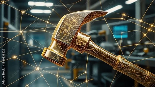 A gleaming, golden hammer overlaid with geometric shapes and a network of connected lines, in a workshop