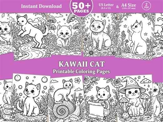 Kawaii Cat Coloring Pages Printable PDF, 50+ Cute Kitten Coloring Book for Kids Adults, Cozy Cat Art Sheets Instant Download - Etsy