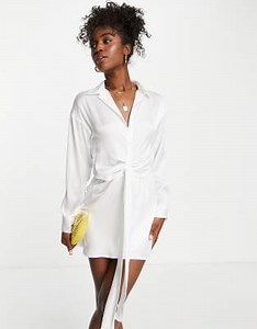 Pull&Bear tie front long sleeve satin mini dress ecru | ASOS