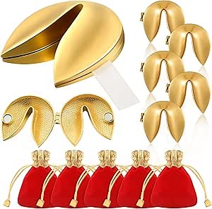 Reallnaive 5 Set Gold Fortune Cookie for Wedding Metal Fortune Cookie Box Individually Wrapped Bulk Paper Message with Red Velvet Bags Kit for Birthday Weddings Decoration Valentines Couples Keepsake
