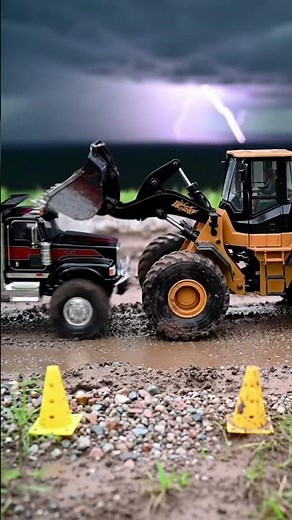 RC Loader Pushes Semi Truck in Mud Under Lightning Storm! ⛈️
