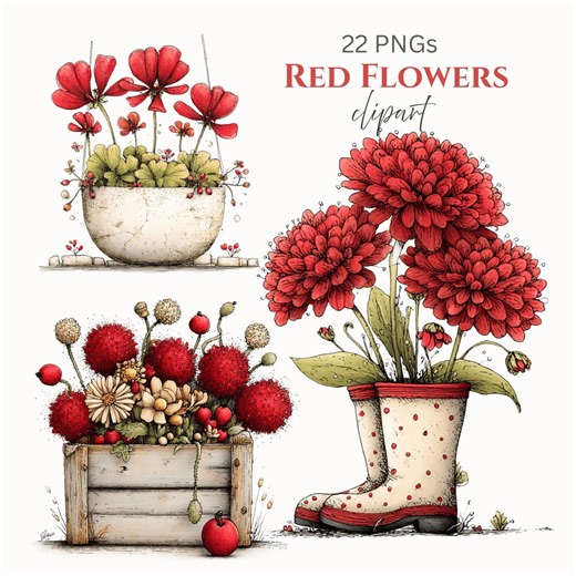 Red Flowers Whimsical Clipart: Spring Graphics (digital Download - 22 Pngs) - Etsy