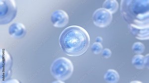 3D render animation with liquid, transparent bubbles flying away. Macro shot of various bubbles in water rising on the light background. Super slow motion Beauty glossy Moisturizing bubble blobs