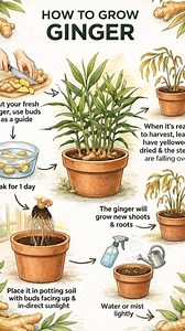 How to Grow Ginger 🌱 1️⃣ Select and Cut Fresh Ginger Choose fresh ginger with visible buds. Cut the ginger into pieces, using the buds as a guide. 2️⃣ Soak the Ginger Place the cut pieces in water. Soak for 1 day to prepare for planting. 3️⃣ Planting Use a pot with good-quality potting soil. Place the ginger pieces with buds facing up. Ensure the pot is in indirect sunlight. 4️⃣ Watering Mist or water lightly to keep the soil slightly moist. Avoid overwatering to prevent rotting. 5️⃣ Growth Sta