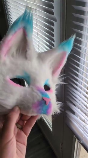 my trans pride mask, Cup! they're a long-haired white cat. #furry #fursuit #therian #catmask