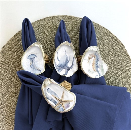 Oyster Shell Jute Napkin Rings: Coastal Sealife Beach Table Decor - Etsy