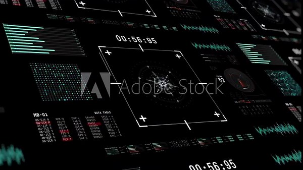 Hud - graphical user interface, tech circles motion graphic in style of green, neon blue and yellow on dark background with other hi-tech elements. Technology and futuristic concept.
