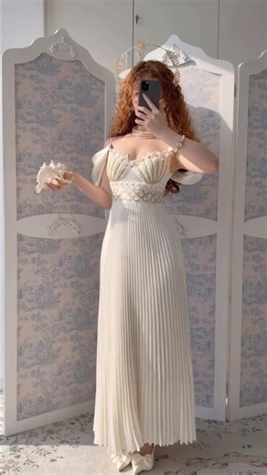 ✨Ancient temple light meets this ethereal ivory pleated gown #Lacemade #coquette #fairytaleaesthetic