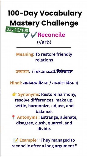 Learn 'Reconcile' Meaning, Synonyms & Sentences | English Vocabulary 💡#thehinduvocabtoday #ytshorts