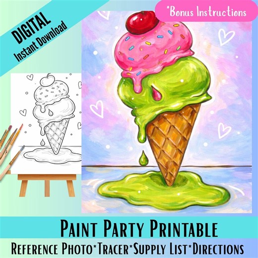 Ice Cream Cone With Cherry Paint Party Kit, Photo, Tracer, Supply List, Directions (digital Download) - Etsy