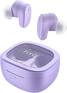 HTC True Wireless Bluetooth Earbuds 9 Bluetooth 5.3, in-Ear Earphones Transparent Case Design with Wireless Charging Fuction, 24Hour Playtime/Game Modes/Built-in Mic/Touch Control -Purple