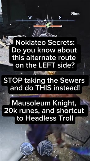 Dark Souls & Elden Ring Content on Instagram: "Here’s another tip for the Noklateo Shifting Earth in Elden Ring Nightreign: If you take the left side, don’t go through the sewers because this risks death by basilisks and rewards you with very little runes. Instead, go around the mini Astel by following the leftward path I take. Then you can defeat the Mausoleum Knight for an orb, take out the mini Astel for 20k, and then climb up to the Grace up ahead."