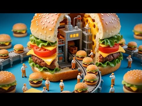 Inside the Secret Burger Factory 🍔 | Tiny Workers Making Giant Burgers! 4k video 