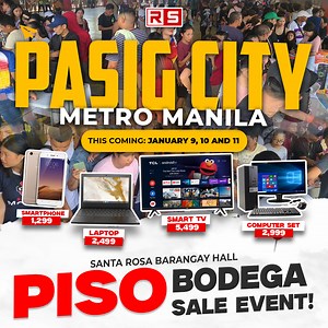 🚨 PASIG CITY METRO MANILA —ARAT NA! 🚨 🔥 3-DAYS PISO SALE CARAVAN EVENT Walang cash? OK LANG — MAY HULUGAN TAYO! 💥 📍 LOCATION: Santa Rosa barangay hall 🗓 DATE: January 9, 10 , and 11 (Friday – Sunday) ⏰ TIME: 4:00 PM – 8:00 PM 💣 BODEGA SALE PRICES | LIMITED STOCK! 📱 Smartphone – ₱1,299 💻 Laptop – ₱2,499 🖥 Computer Set – ₱2,999 📺 Smart TV – ₱2,699 🔊 Bluetooth Speaker – ₱199 💳 PWEDENG UTANG • PWEDENG INSTALLMENT ✅ LOW DOWNPAYMENT ✅ FAST APPROVAL ✅ VALID ID LANG KATAPAT! Kahit tight ang
