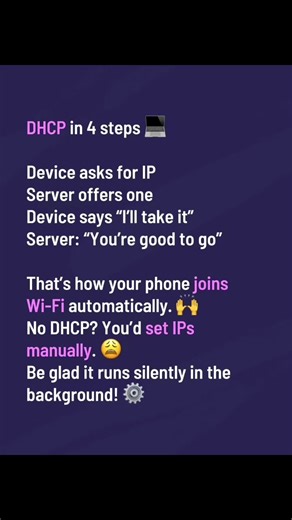 DHCP (Dynamic Host Configuration Protocol) automatically gives devices on a network their IP address, gateway, DNS, and other settings. Instead of setting up each device manually, DHCP saves time by handling it all for you. It’s used in both home and enterprise networks to make connecting devices quick and easy.#ittips #techbydeep #technology #homelab #explained #fyp #fypage #foryoupage #learnontiktok #techtok #informationtechnology #ai #ITSupport #didyouknow #dhcp #ip #dns #followme #like