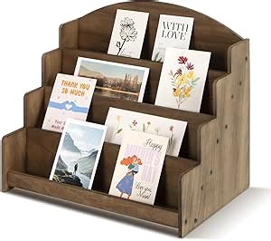 PUERSI Greeting Card Display Stand Holder - 4-Tier Wooden Organizer Rack for Retail Stores, Postcards, Stickers & Stationery Vendors Brown