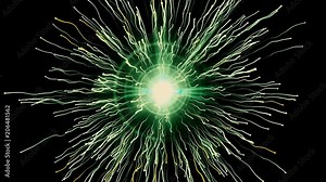 Particle collision and explosion. Bright yellow particles with streams collide and create explosion shockwave with trails. Spherical multicolored explosion with flares isolated on black background. 4K