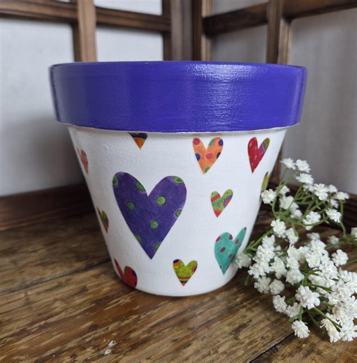 Painted Purple and White 6" Terracotta Flower Pot, Decoupaged Multicolor Patterned Heart Accents - Etsy