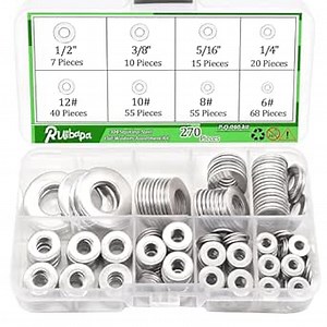 270 PCS 304 Stainless Steel Flat Washers Assortment Kit 8 Size-1/2 3/8 5/16 1/4 12# 10# 8# 6# 304 Stainless Steel Flat Washers for Screws Bolts