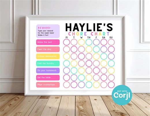 Girls Chore Chart Printable | Vibrant Kids Responsibility Chart | Editable Corjl | Instant Download PDF JPG - Etsy Canada