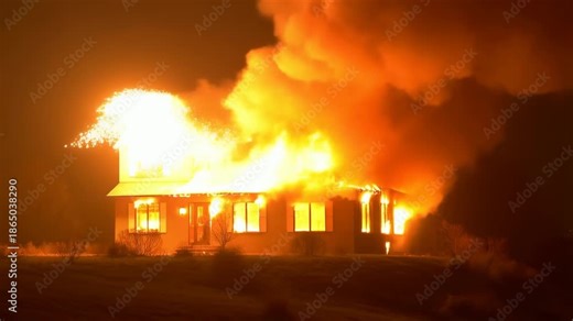 Intense blaze engulfs house as roof collapses in dramatic nighttime fire sequence