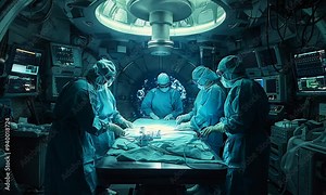 Four surgeons perform a surgery inside a futuristic operating room The operating room is lit by a bright light, and the surgeons are wearing surgical